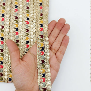 Multicoloured Tissue Fabric Sequin Border, Beige Shimmer Lace Trim, Decorative Trim
